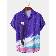 Mens Surf Riding Boy Pattern Revere Collar Buttons Shirts