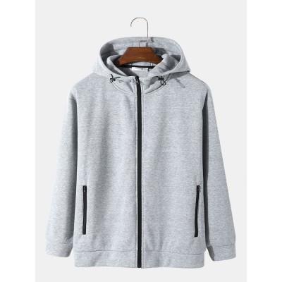 Men Knitted Pure Solid Color Zip Double Pockets Hooded Casual Hooded Jackets