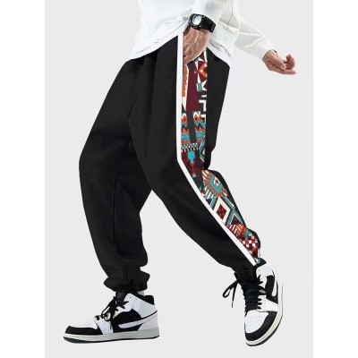 Mens Colorful Geometric Side Print Ethnic Style Drawstring Sweatpants